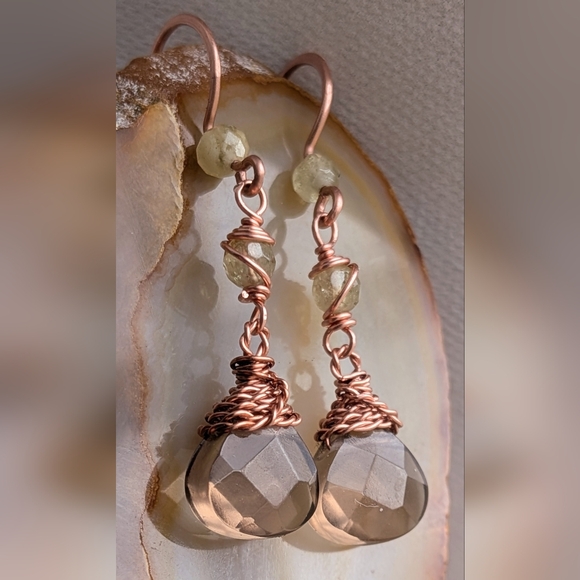 Smokey Quartz Earrings Green Garnet Accents Dangle Drop Artisan Handmade - Picture 9 of 12